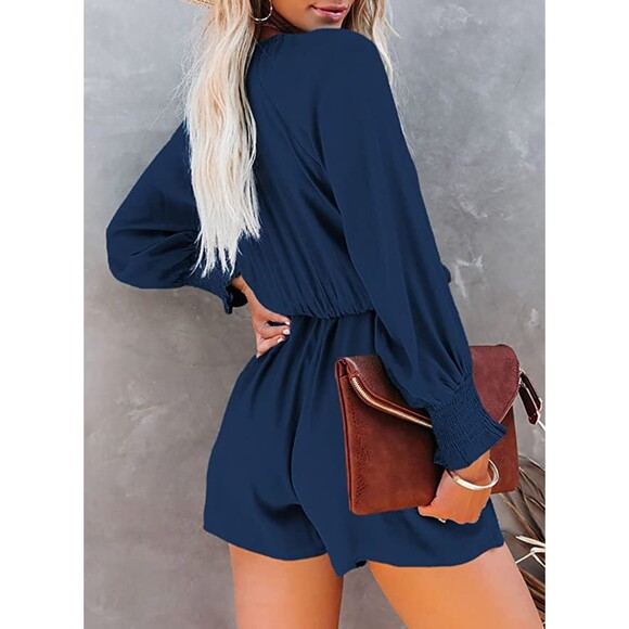 Long Sleeve Tie Knot Front V Neck Navy Blue Romper Sz L - Picture 2 of 8
